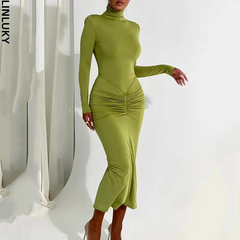 

Новинка осеннее платье с длинным рукавом и полувысоким воротником для женщин, соблазнительное облегающее Клубное вечернее платье средней длины, женская одежда