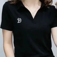 Polo T Shirt for Women Short Sleeve New Summer V-neck Letter Pullover Knitted Tees Female Clothing Plus Size Ladies Tops - Image 2