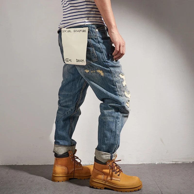 New autumn patch jeans slim straight men's 2022 new American tough guy retro casual pants