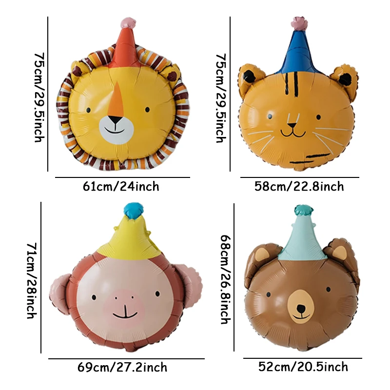 Circus Hat Cartoon Animal Theme Balloon Bear Lion Aluminum Foil Balloon Monkey Tiger Happy Birthday Party Decoration 4pcs
