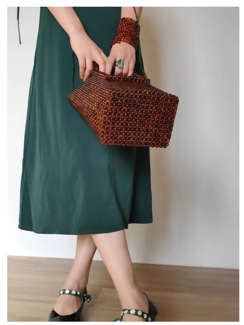 Luxury Solid Color Fashion Shoulder Handbag 2023 Women Handmade Bead Bags Girls Purse Woven Ladies for Special Occasions