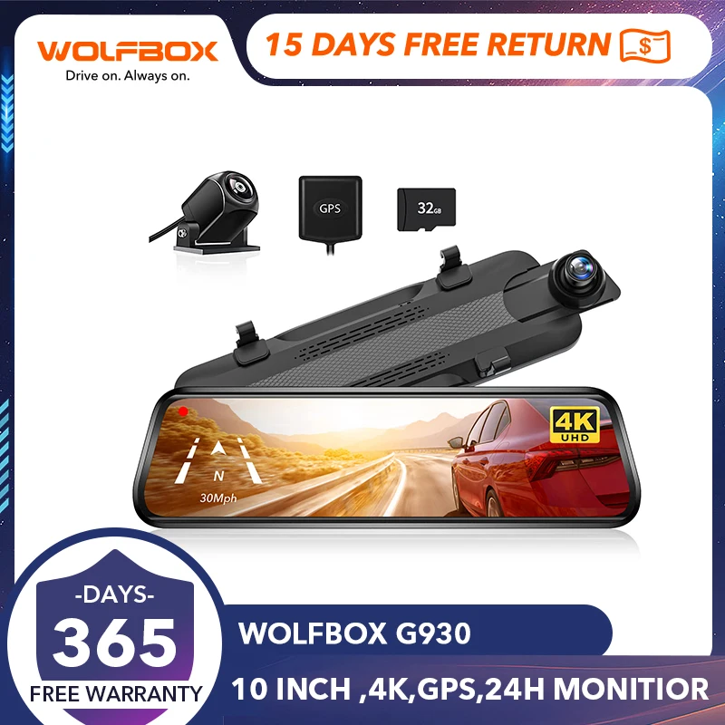 Wolfbox G930 4K Car Dvr Dual Lens Mirror Camera Dash Cam Car Black Box Support Gps 24H Parking View Videoregistratore Touch Screen