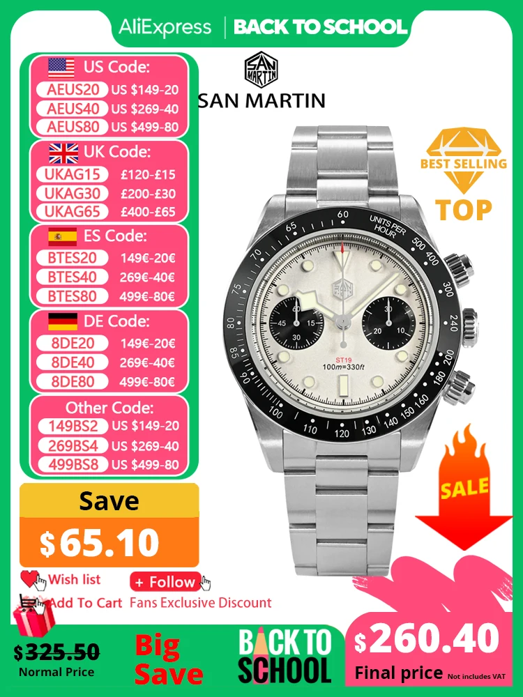 San Martin 40mm Panda BB Chronograph Mens Watch Sports Fashion Style ST1901 Manual Mechanical Sapphire Waterproof 100M BGW-9 mechanical watch