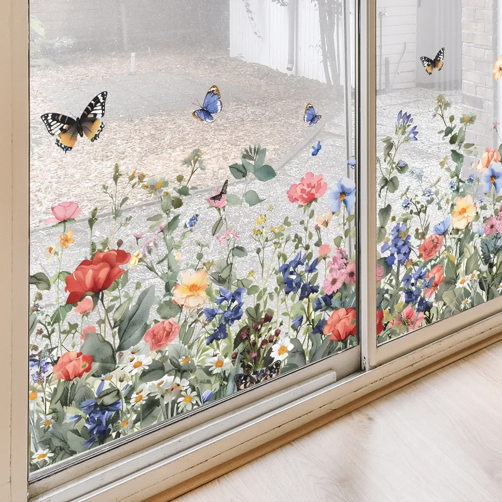 Colorful Plant Flowers Butterfly Glass Window Home Landscaping Decoration Electrostatic Uv Window Stickers 1PCS window stickers