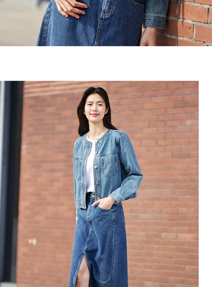 Denim Jacket Women Short Style Small And Taller Spring New Retro Round Neck Jacket Casual And Versatile Coats