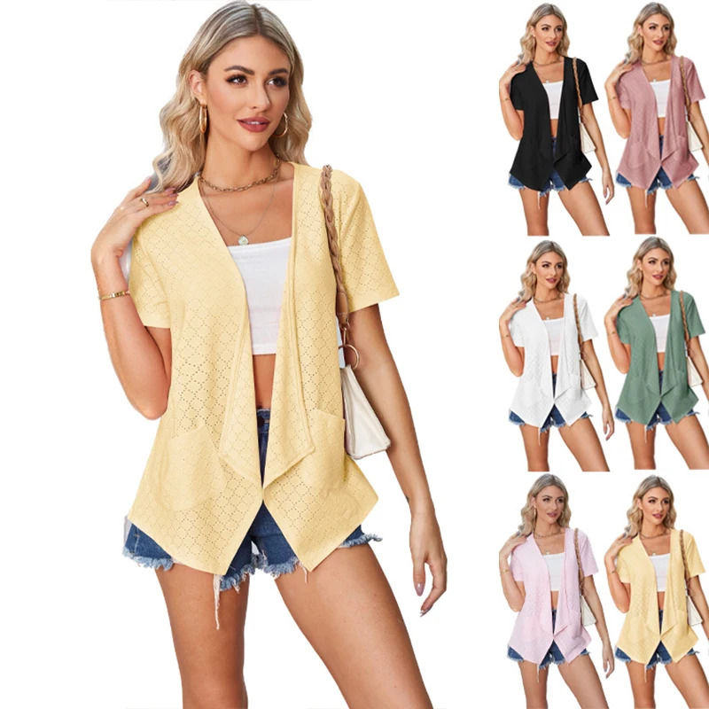 

Fashion Women's Pocket Cardigans Solid Color Thin Coat Summer Loose V-Neck Loose Eyelet Short Sleeves Ladies Versatile Outwear