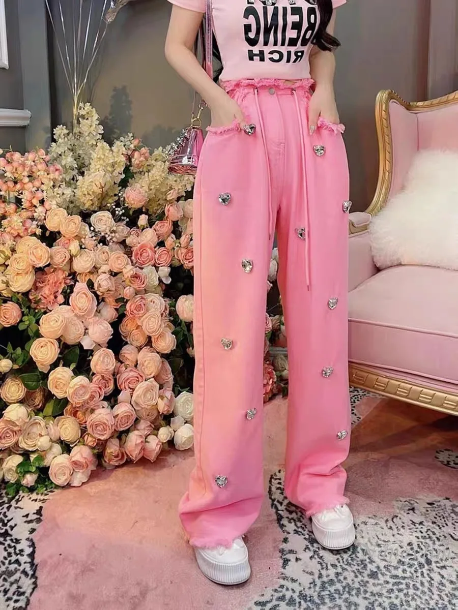 European Heavy Industry Love Diamond Drawstring Straight-Leg Frayed Hem Trousers Elasticated Waist Pants Women Long Pink Pants