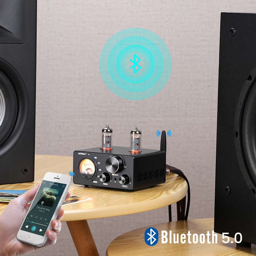 Aiyima-真空管アンプt9bt 5.0,vu計付きUSB dacファイバー同軸アンプ