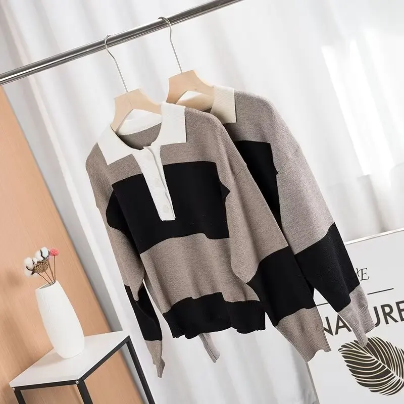 

Women 2023 Winter New Fashion Casual Wide Striped Knit Retro Long Sleeve Chic Lapel Button All-match Top Mujer