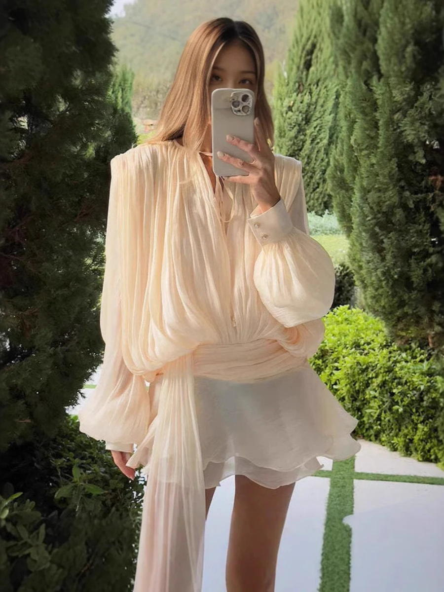 Bornladies 2025 Spring Summer Women's Elegant Pleated Mesh Party Dress Fashion Puff Sleeve Short Skirt Evening Daily Wear