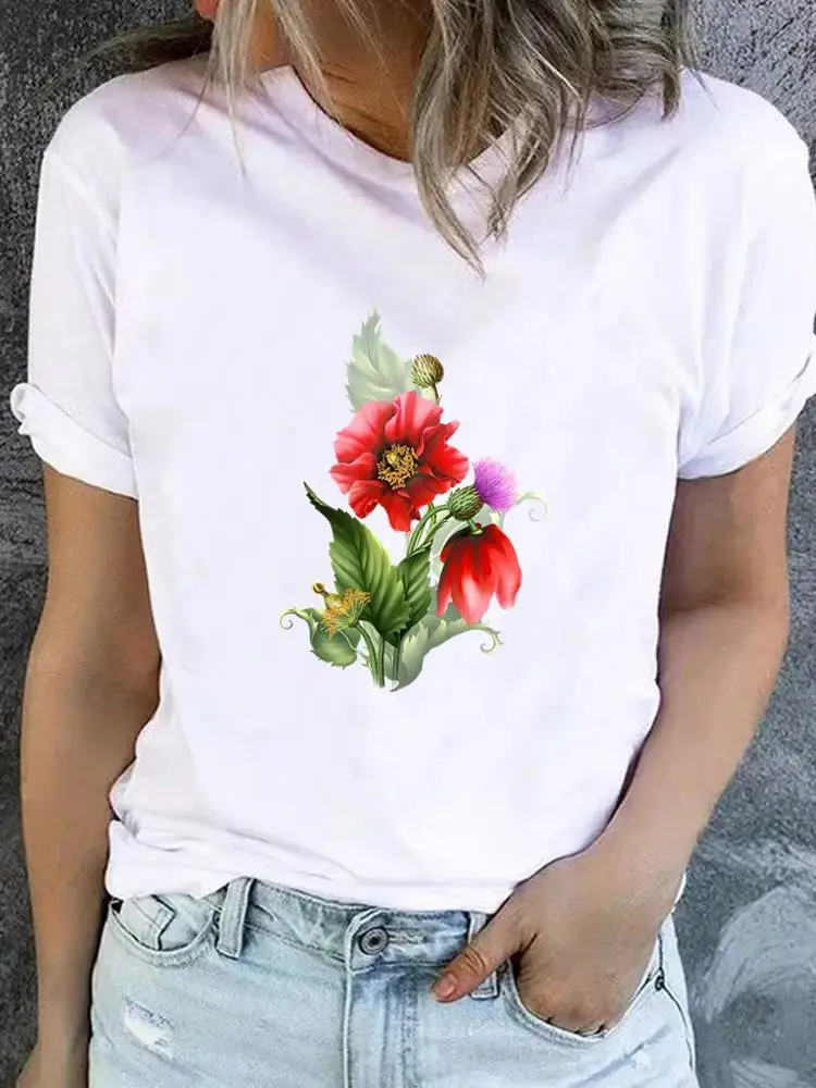 Flower Sweet Trend Cute 90s T-shirt Ladies Fashion Basic Women Graphic Short Sleeve Clothing Tee Top Clothes Print T Shirt