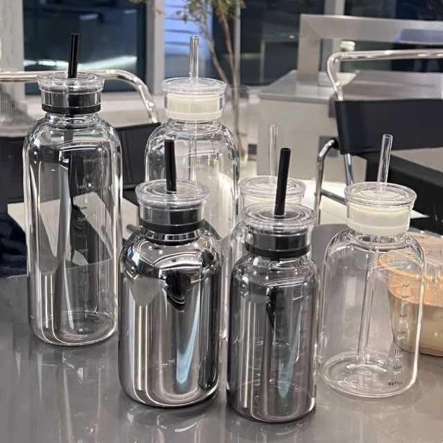 300/500/750ml Large Glass Water Bottle with Straw 2 Lids Clear Kawaii Drinking Bottle Leakproof Iced Coffee Cup for Woman Girl 5