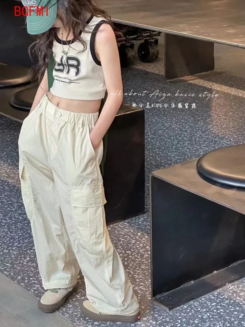 Korean Children's Clothing Pants Girl Summer Solid Color Sports Trousers Casual Cargo Pants New Thin Bottom Part for teenagers