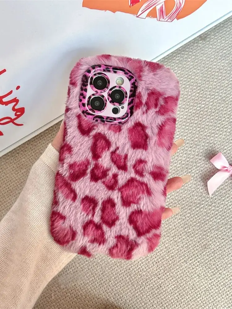Chic Leopard Fluffy Fur Case with Kickstand and Camera Protection Frame