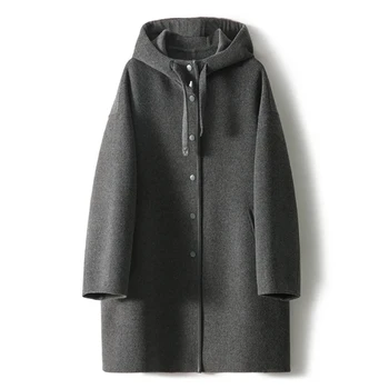 Autunno inverno giacca di lana donna nuovo cappotto allentato con coulisse con cappuccio capispalla di colore puro cappotto con bottoni ricoperti di moda femminile 1