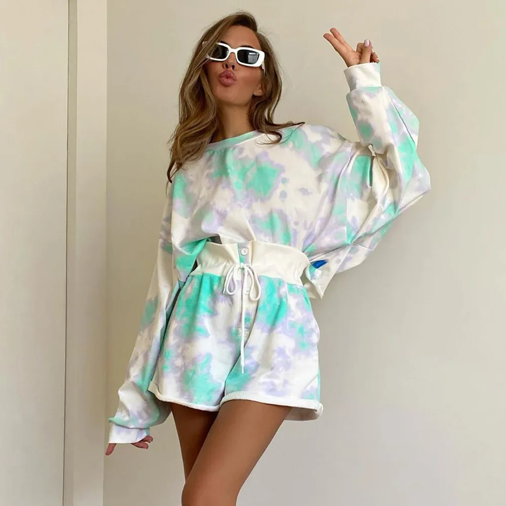 

Women Tie Dye Two-piece Set 2024 Early Spring Casual Set Fashionable Long Sleeved Top Waist Tied Shorts