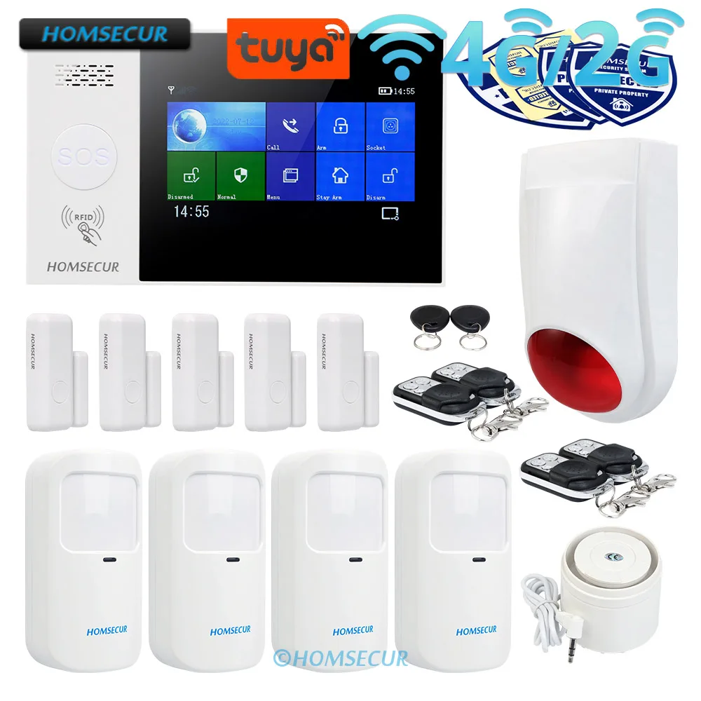 Сигнализация домашняя HOMSECUR Tuya Беспроводная с поддержкой Wi-Fi, 4G/GSM, 433 МГц, 5 датчиков