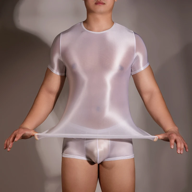 Mens Glossy T-shirt Top Oil Shiny ShortSleeve Slim Fit Gym Yoga Sport Tight Tee Sportwear Transparent Rave Party Clubwear