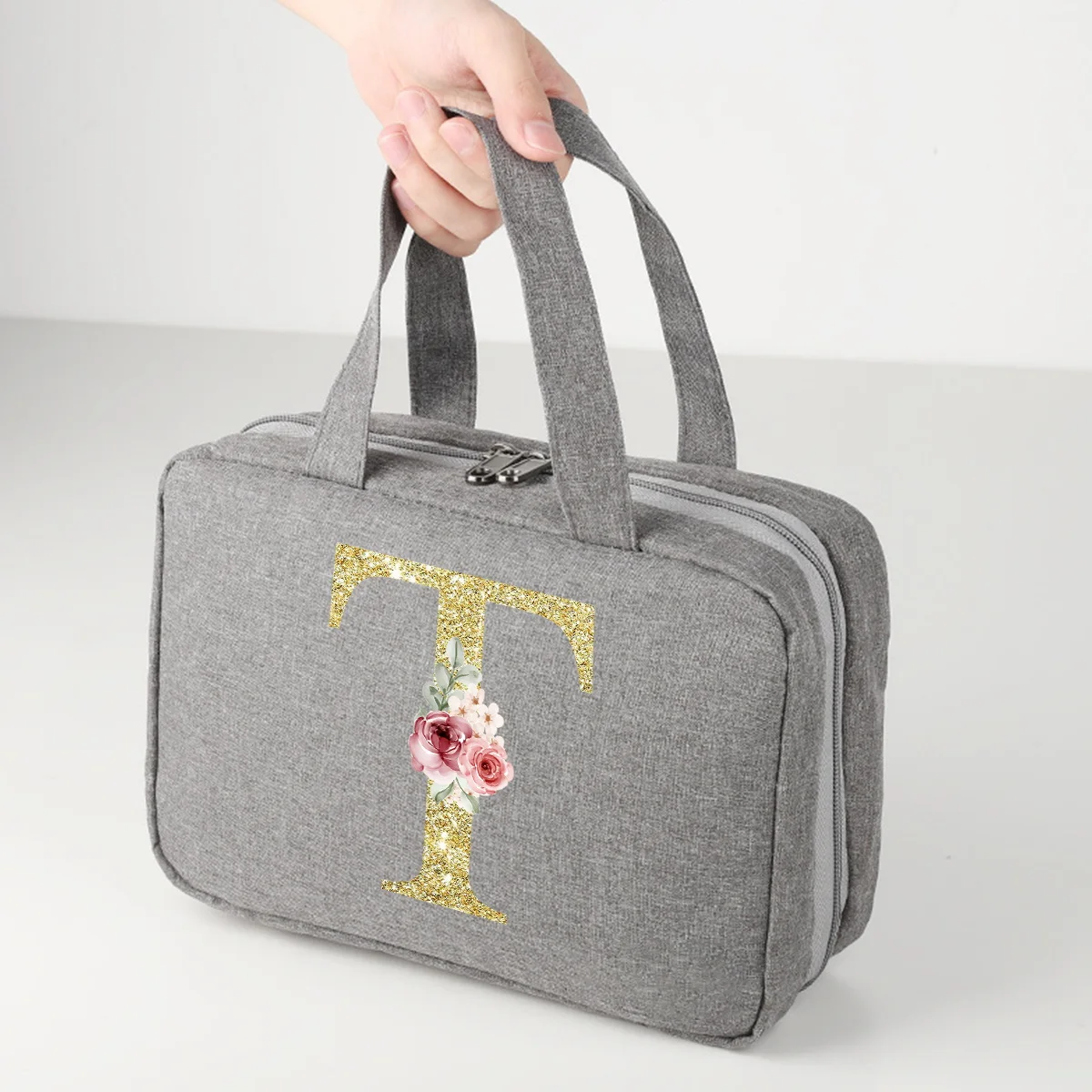Golden letter printed travel waterproof foldable dry wet separation wash bag with large capacity cosmetic storage bag