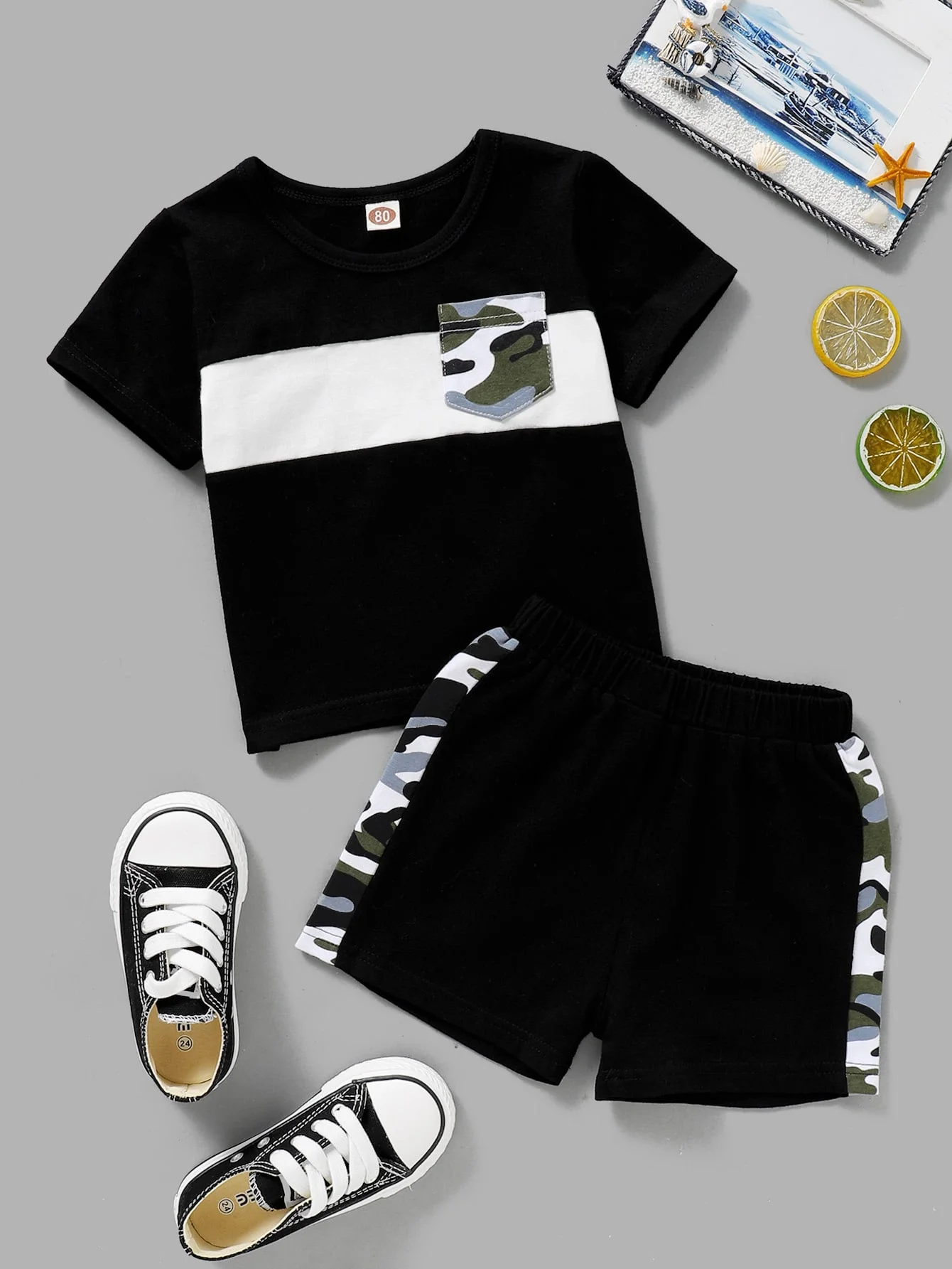 

Summer Baby Boy Set, Round Neck Short Sleeved Top+Camouflage Shorts, Small Bag T-shirt, Baby Set, Suitable For 3-24 Months
