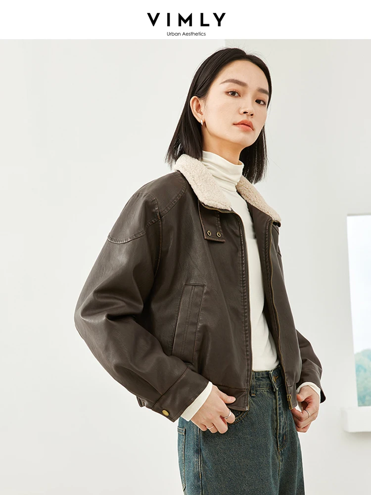 Vimly Lapel Zipper Leather Jacket Ladies 2023 Winter Thick Warm Long Sleeve Cropped Jackets Casual Loose Women's Outerwear 16385