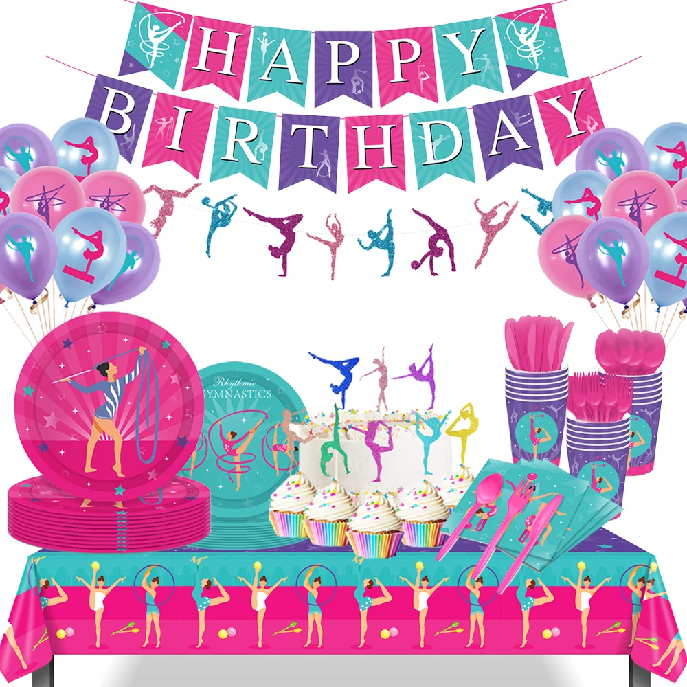Gymnastics Party Decorations Plates Cups Napkins Happy Birthday Banner Tablecloth Balloons Gymnast Sport Birthday Party Supplies