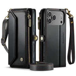 RFID Blocking Crossbody Wallet Case with Wristlet and Shoulder Strap, Premium PU Leather, 7 - 10 Card Holder - iPhone 17 Pro (Black)
