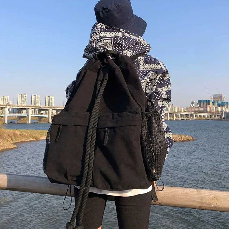 Fashion Canvas Backpack Women Drawstring Large Capacity Backpack For Travel Simple Style New Travel Backpack Shoulder Bags