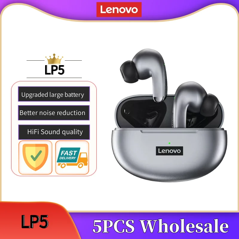 

5PCS Original Lenovo LP5 Wireless Bluetooth Earbuds HiFi Music Earphone With Mic Headphones Sports Waterproof Headset