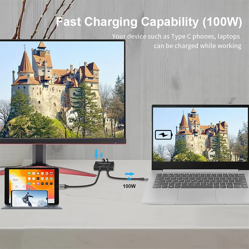 USB C Ÿ ġ й, PC Ʈ й ȯ ̺, 1x2, 2x1  , 8K, 30Hz, 4K, 120Hz, PD 100W, 10Gbps ó