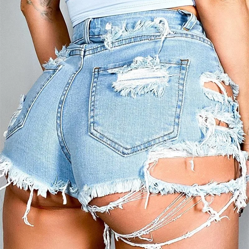 Fashion Broken Holes Ragged Denim Shorts Female Casual High Waist Three Quarter Pants Women's Biker Style Jeans Trend Streetwear