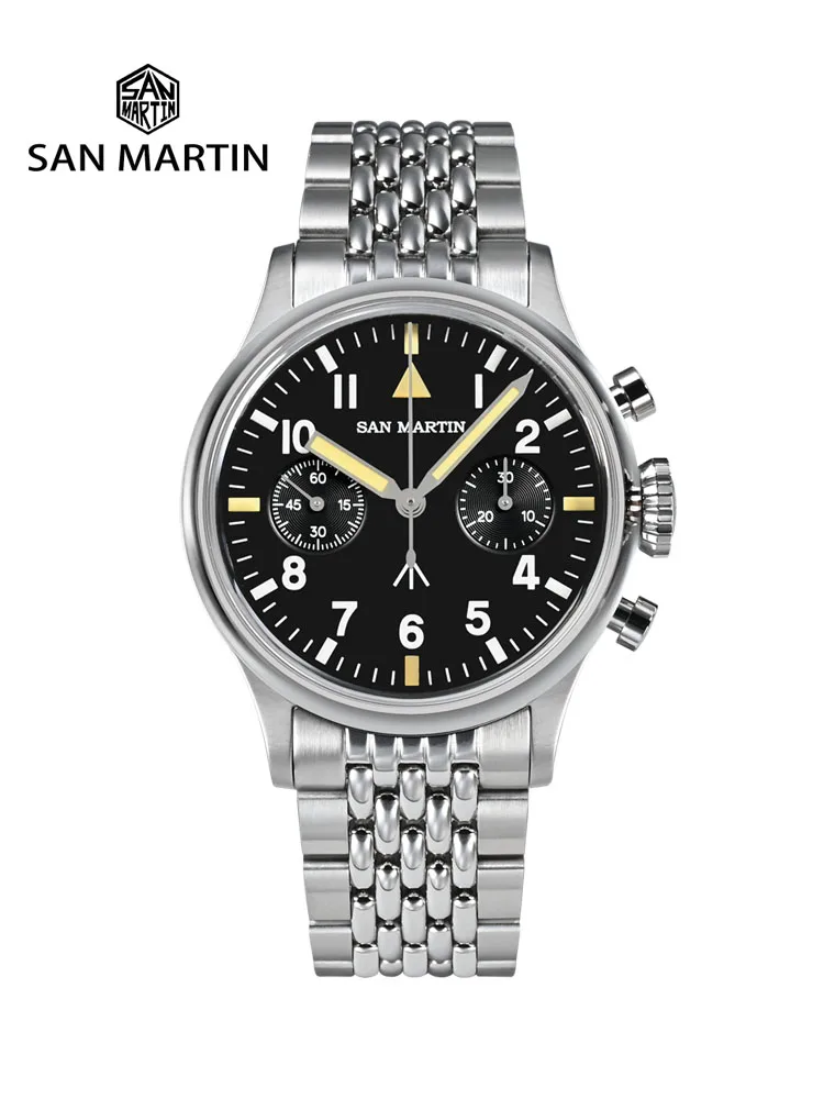 San Martin 38.5mm Mens Chronograph Pilot Watch Luxury ST1901 Manual Mechanical Simple Military Flieger Sapphire 10 ATM Luminous