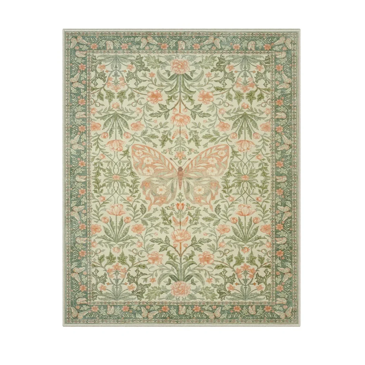 Bohemian Living Room Non-slip Rug Washable Large Area Rug Bedroom Decorative Vintage Floral Butterfly Sage Green Area