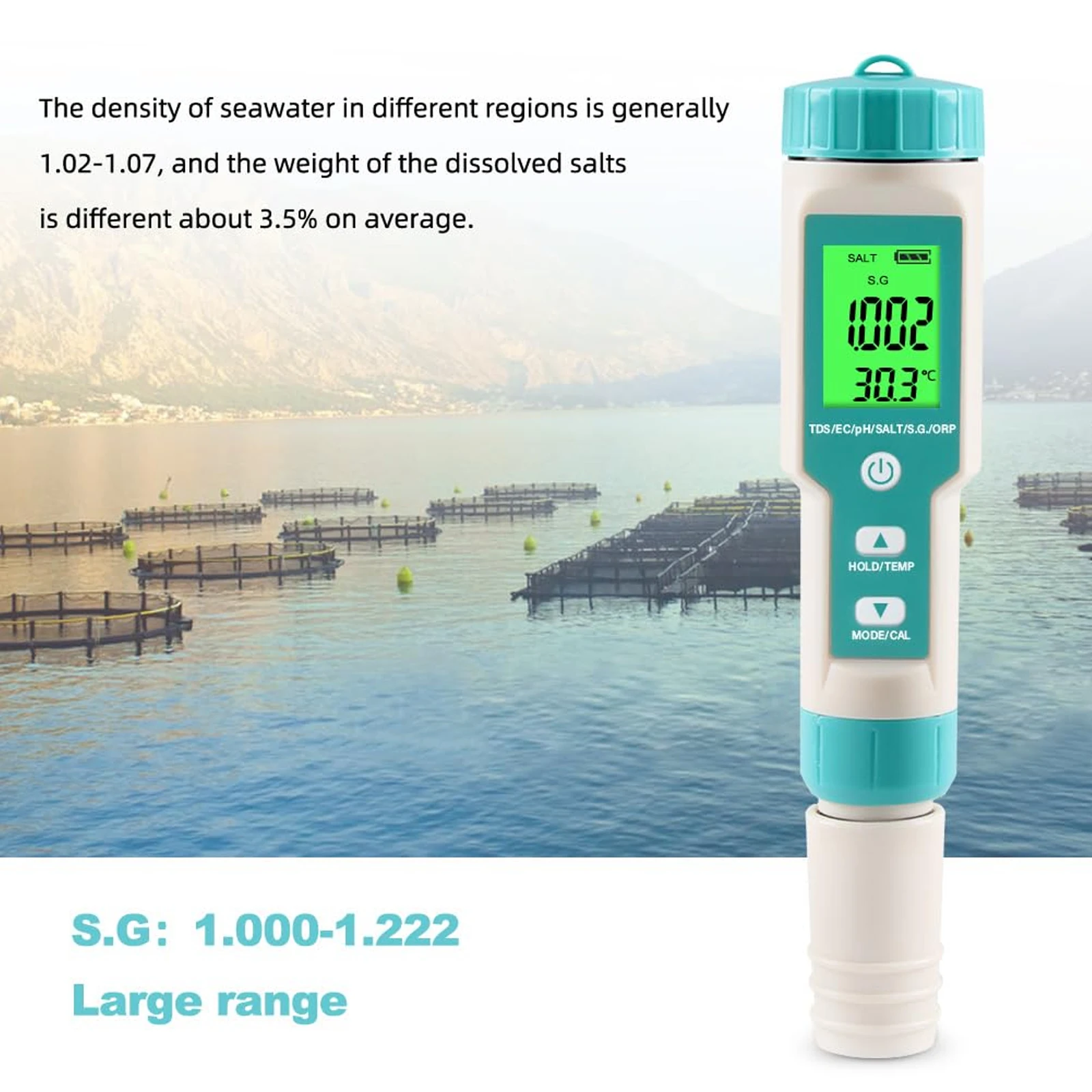 디지털 수질 감지기, 7 in 1 PH/TDS/EC/염분/S.G/ORP/온도 측정기, 다기능 수질 테스터 모니터, 수영장용