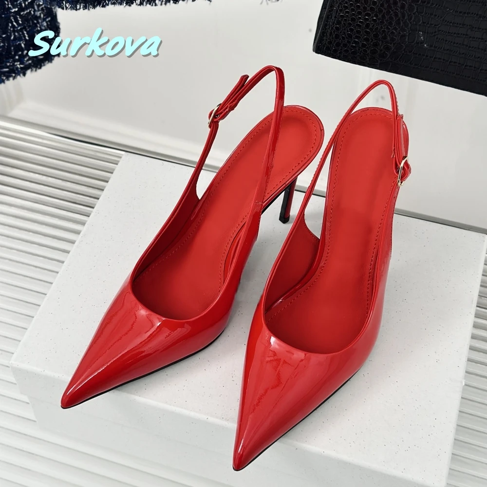 

Red Sexy Stiletto Pumps Solid Summer Patent Leather Thin High Heel Pointed Toe Buckle Fashion Women Sexy Shoes Party Dress