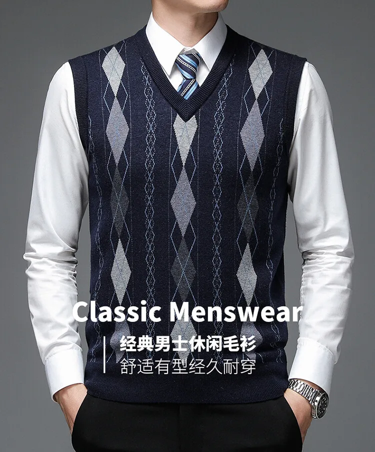 Description Picture 2 of itemMen Wool Vest Waistcoat 2024 Spring Autumn V-Neck Sleevelesss Colours Plaid Sweater Vests