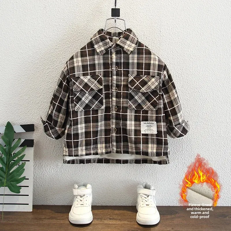 Thickened Fleece Lined Plaid Shirt for Boys Autumn Winter Children's Clothing Baby Outerwear Integrated Velvet Warm Flannel Shir