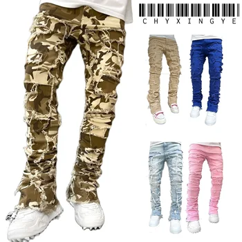 2025 Men Ripped Stacked Jeans Distressed Slim Fit Skinny Straight Leg Jeans Fashion Hip Hop Denim Pants Casual Streetwear 1