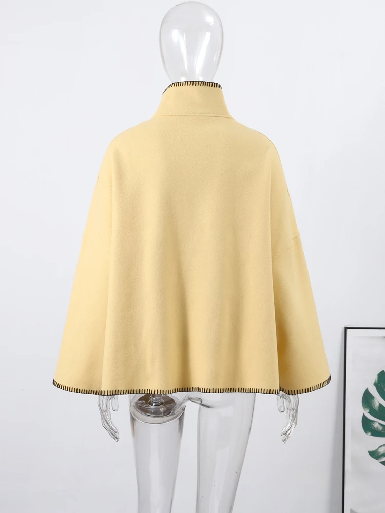 Topstitch Rollkragen Volle Hülse Woolen Jacke Frauen Elegante Einreiher Solide Lose Herbst Winter Mantel Neue Damen Oberbekleidung – Detail 9
