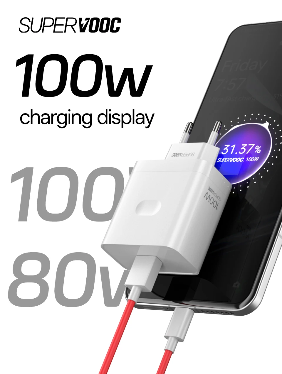High-Speed OnePlus SuperVOOC Travel Charger with USB-C Cable, EU Plug