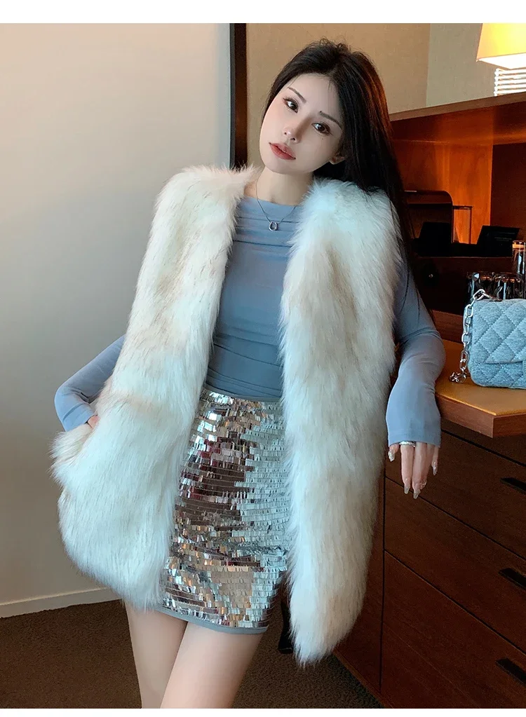 FANIECES Autumn Winter Faux Fur Vest Jacket Women Coat Fluffy Sleeveless Artificial Fur Long Waistcoat manteau femme hiver шуба