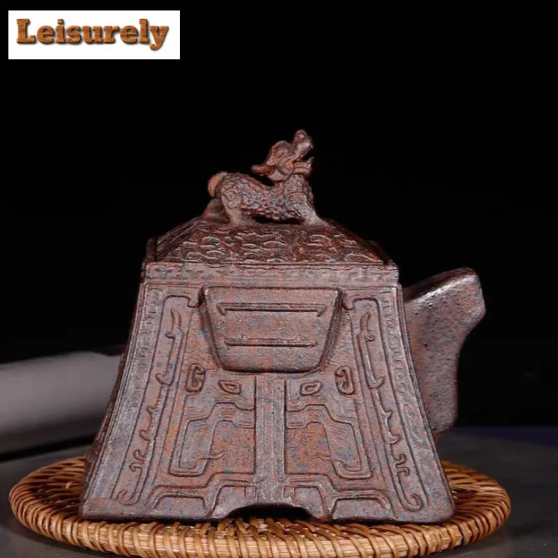 195ml Yixing Purple Clay Teapots Handmade Square Dragon Zun Pot Raw Ore Wood-fired Porcelain Mud Tea Soaking Kettle Zisha Teaset