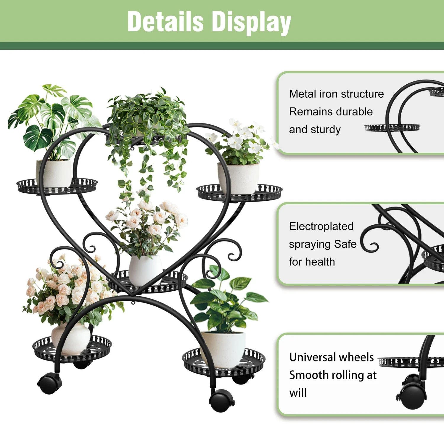 6 Potted Heart-shaped Rolling Metal Plant Stand on Wheels Garden Cart Flower Pots Organizer Rack for Patio, Balcony