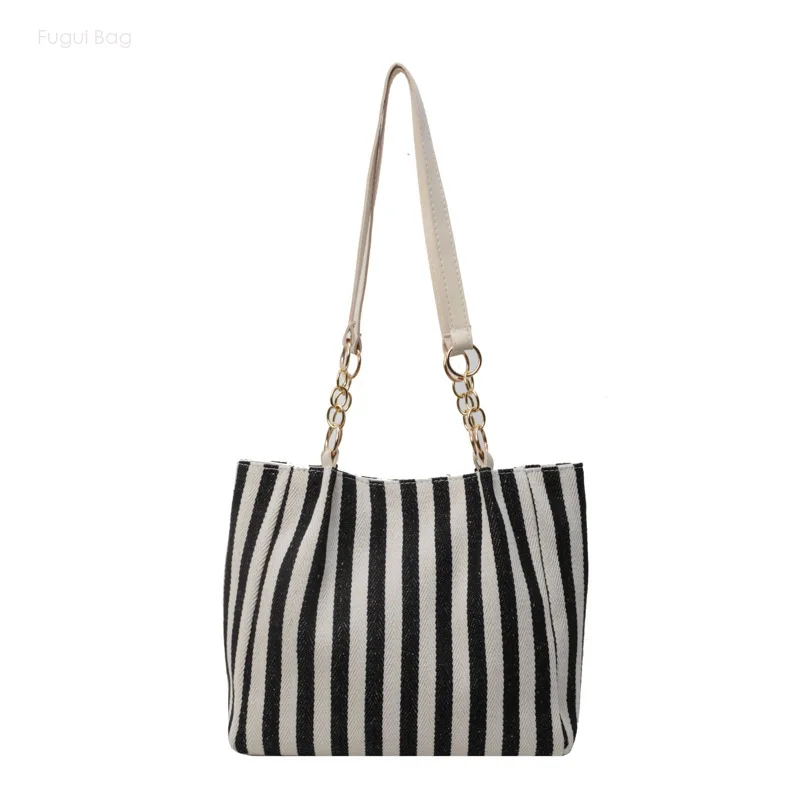 

Women's Tote Bag Single Shoulder Handbag New Trendy Stripe Casual Versatile Commuter Student Large Capacity Canvas