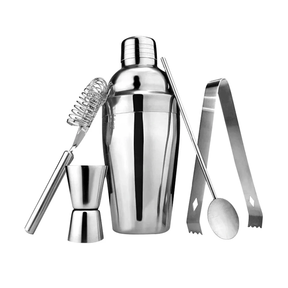 5pcs Bartender Kit Stainless Steel Cocktail Mixer Shaker/Jigger/ Strainer/Bar Mixer Spoon/Tongs Cocktail Set for Bartender