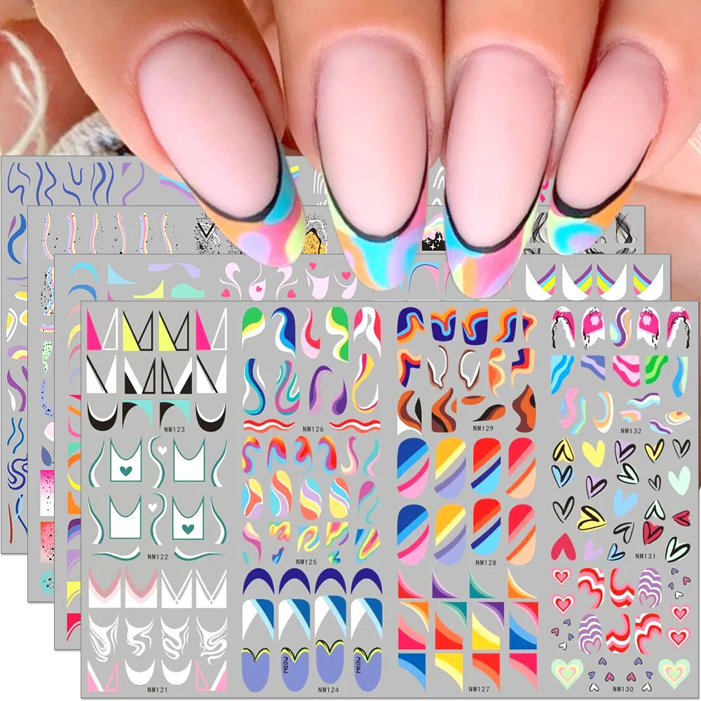 

French Tips Nail Stickers Rainbow French Nail Decals Geometric Lines Swirls Ribbon Nail Art Water Transfer Sticker Nail Decor