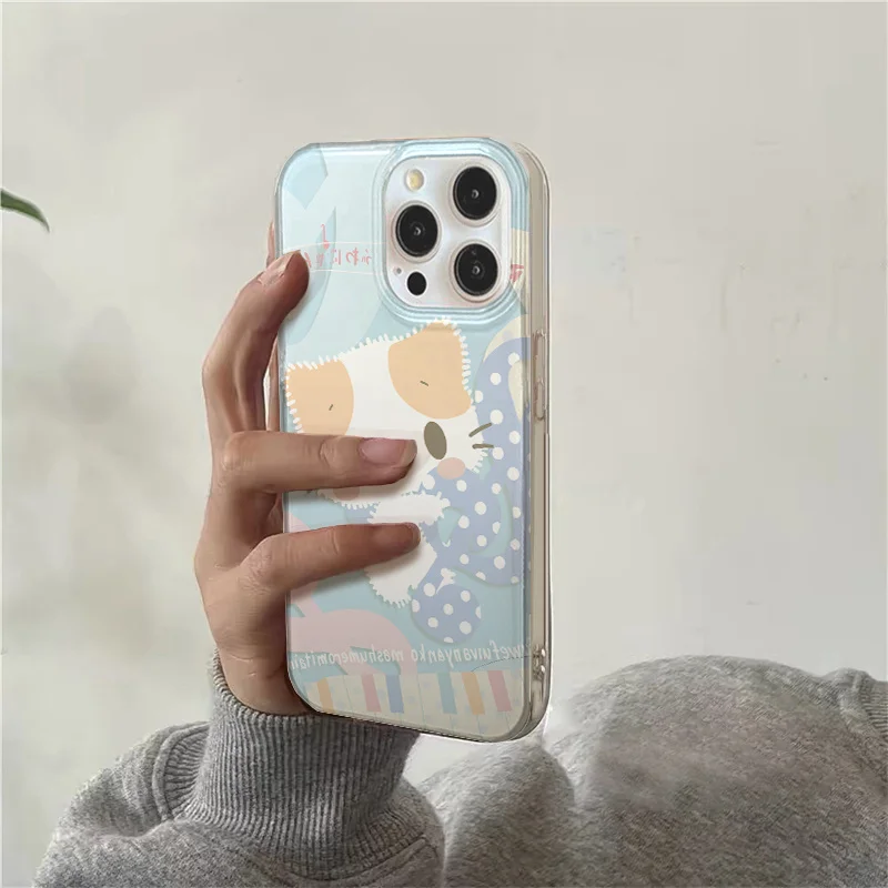 White Double-Layer Musical Note Patch Kitten Phone Case