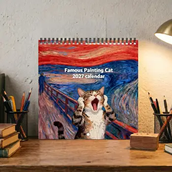 Calendario Divertente con Gatti, Rilegatura a Spirale, Pannelli con Dipinti Famosi, Planner da Parete 2027, Calendario Animale Gatto Urlante per Appuntamenti e Ufficio