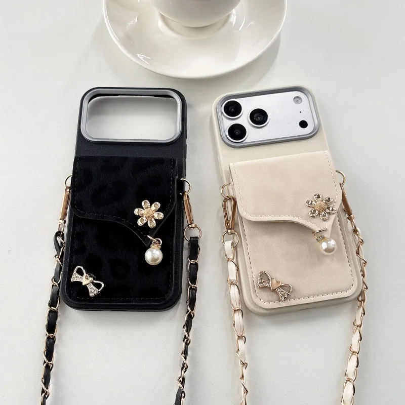Luxury Leopard Wallet Case with Diamond Pearl Card Holder and Crossbody Strap