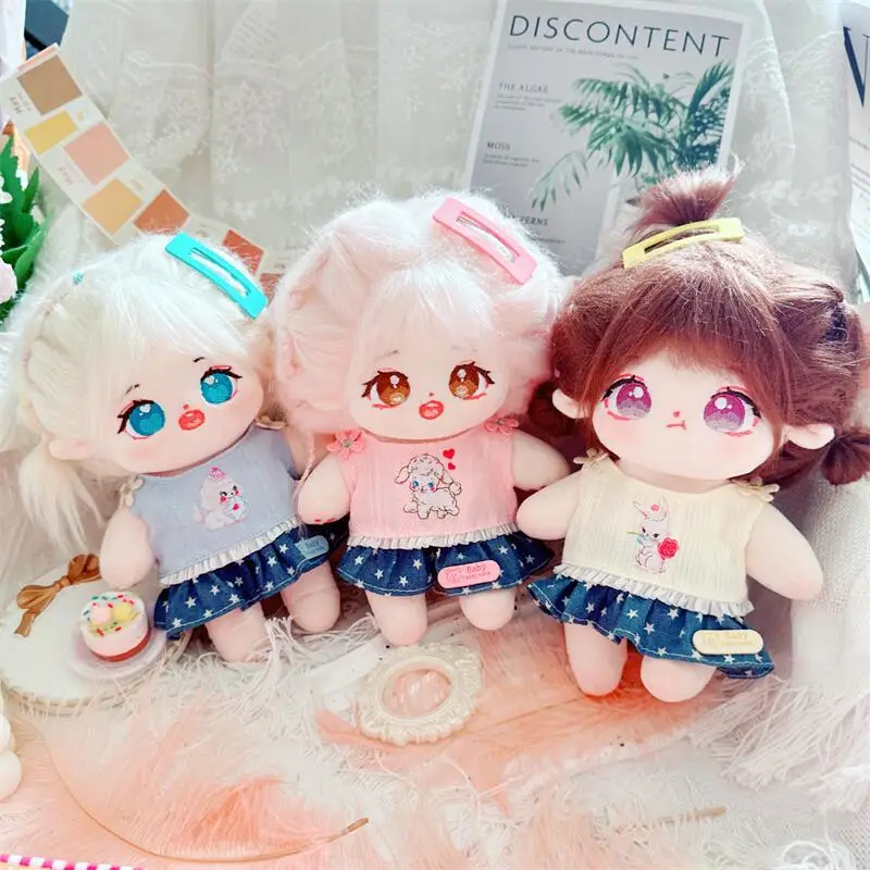 20cm Kawaii Pink Shirt Blue Star Skirt Suit 3Pcs Idol Doll Cute Soft Stuffed Baby Cotton Doll for DIY Clothes Accessory Kids Toy